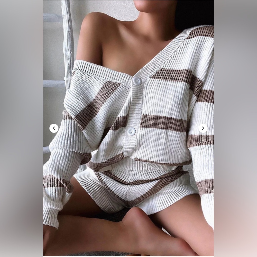 Fashion Nova White and Tan Sweater Short Set